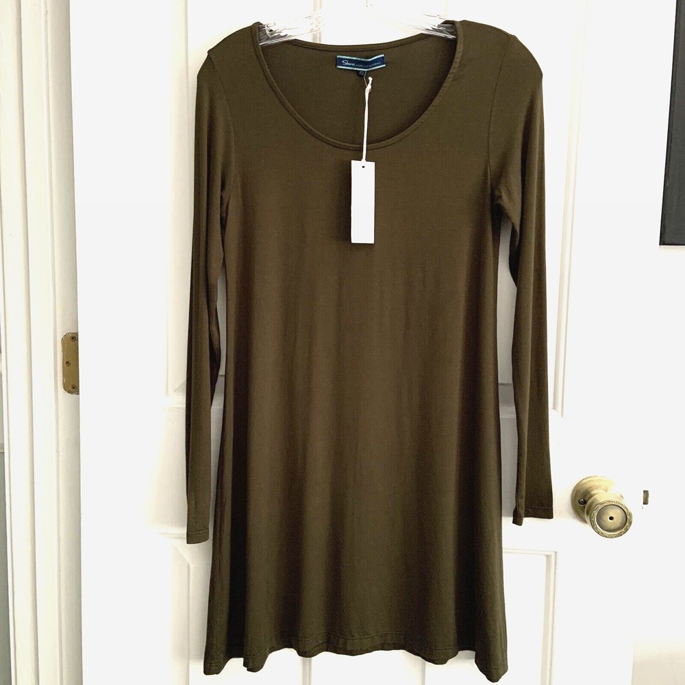 NEW NWT SHORE Womens Sz XS Serena long sleeve T-SHIRT SWING DRESS Olive Green